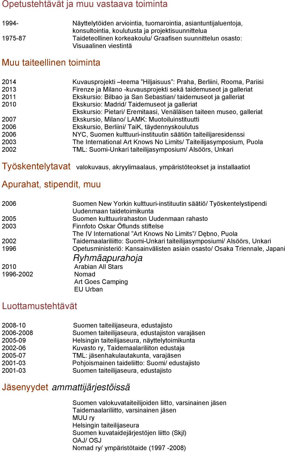 taidemuseot ja galleriat 2011 Ekskursio: Bilbao ja San Sebastian/ taidemuseot ja galleriat 2010 Ekskursio: Madrid/ Taidemuseot ja galleriat Ekskursio: Pietari/ Eremitaasi, Venäläisen taiteen museo,