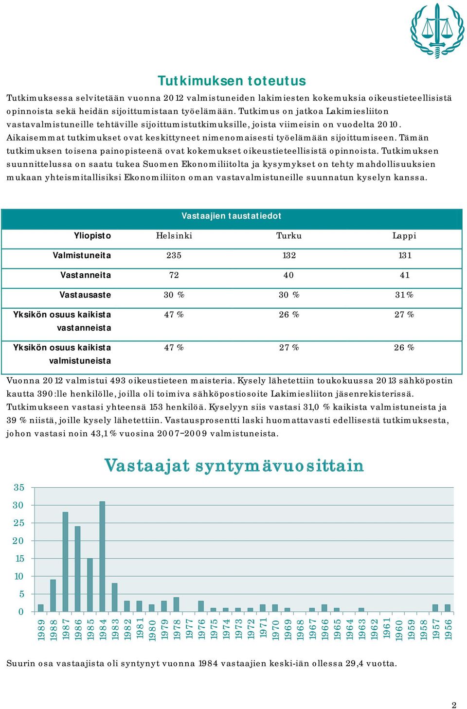 Tutkimus on jatkoa Lakimiesliiton vastavalmistuneille tehtäville sijoittumistutkimuksille, joista viimeisin on vuodelta 2010.