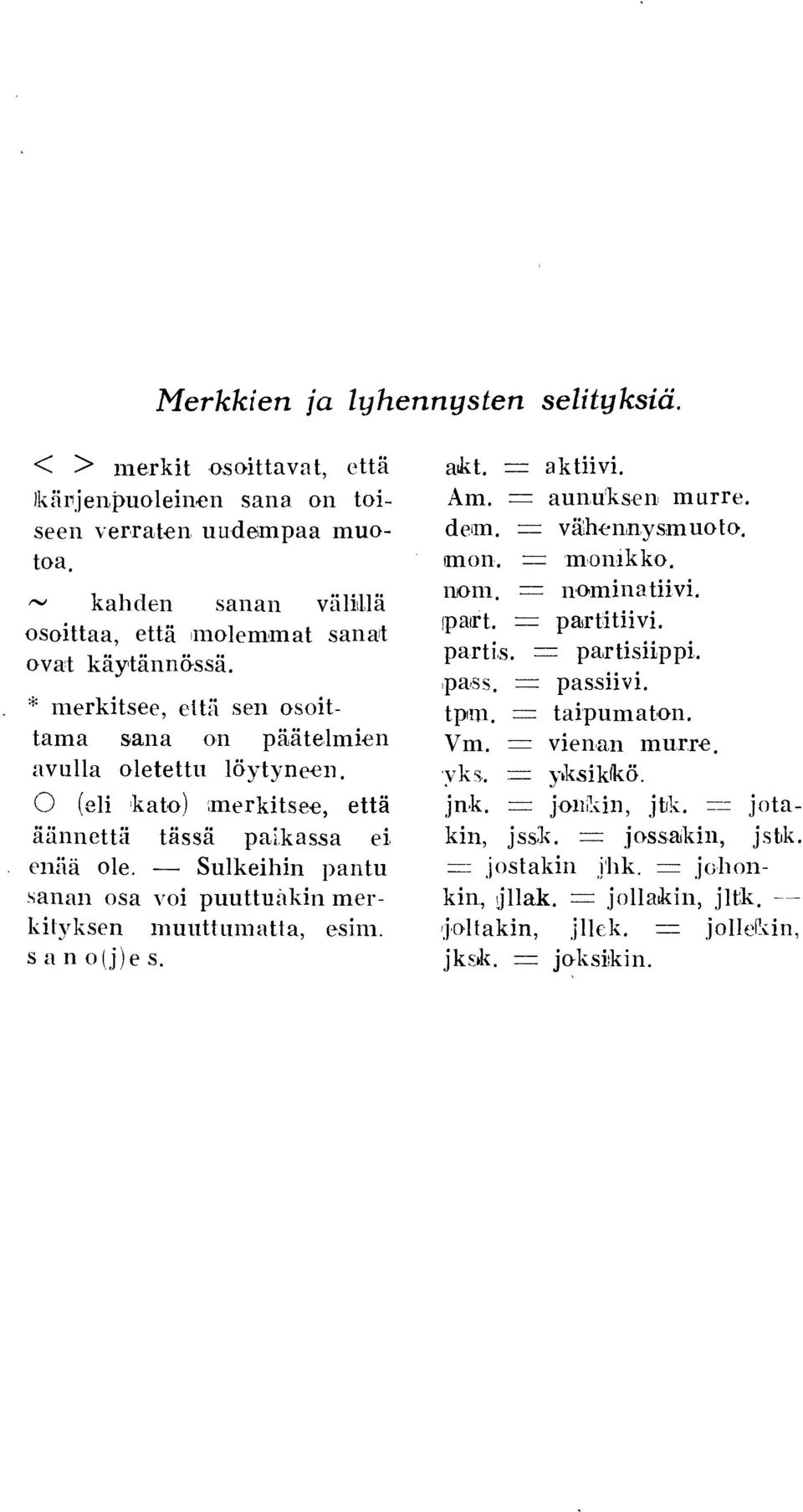 0 (eli kato) lmerkitsee, että äännettä tässä pai,kassa ei. enää ole. - Sulkeihin pantu sanan osa voi puuttuåkin merkityksen nuuttumatta, esn. sano(j)es. aik t. == aktiivi. Am. == aunu ks-en murre.