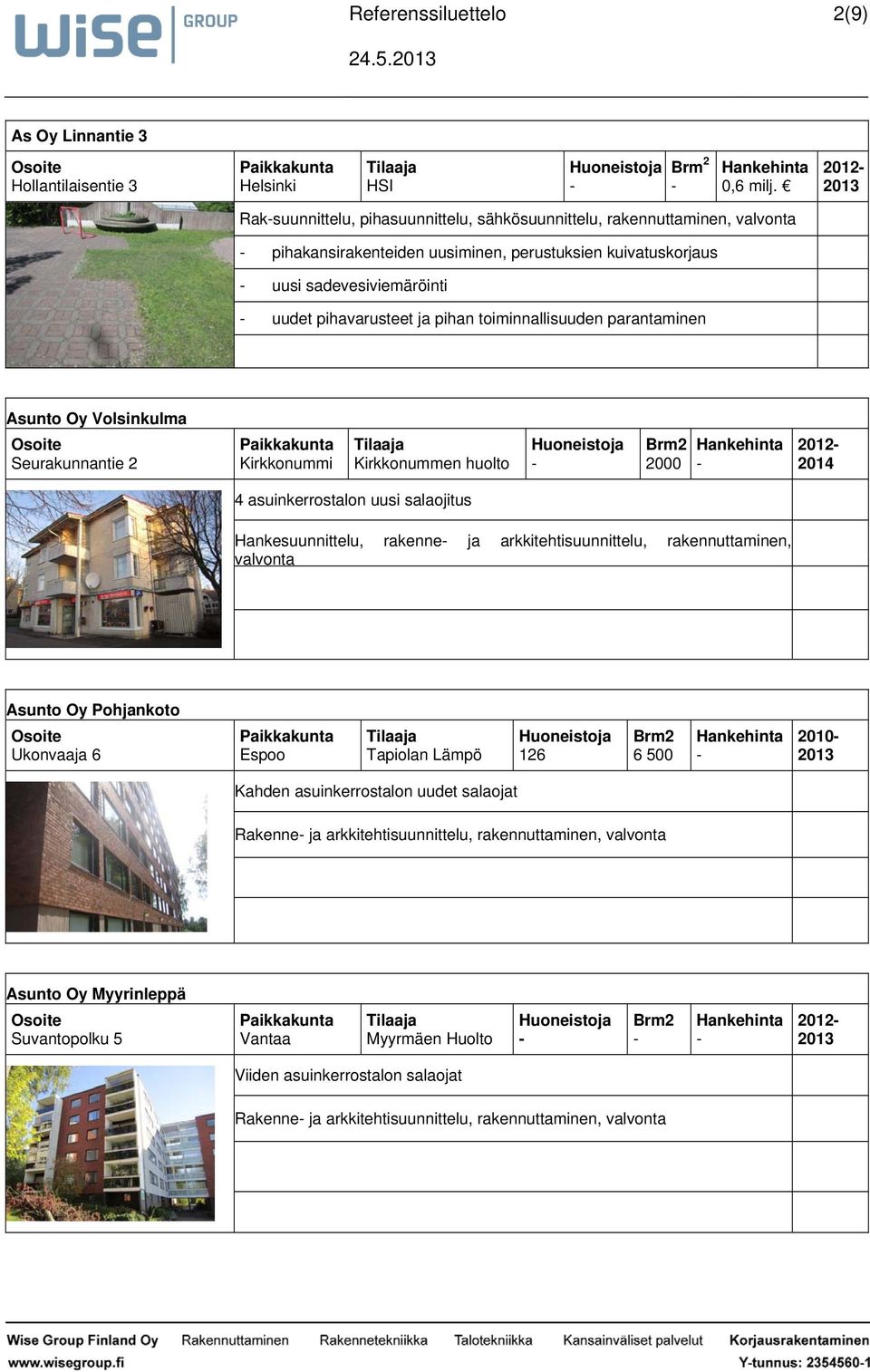 toiminnallisuuden parantaminen Asunto Oy Volsinkulma Seurakunnantie 2 Kirkkonummen huolto Brm2 2000 2014 4 asuinkerrostalon uusi salaojitus Hankesuunnittelu, rakenne ja arkkitehtisuunnittelu,