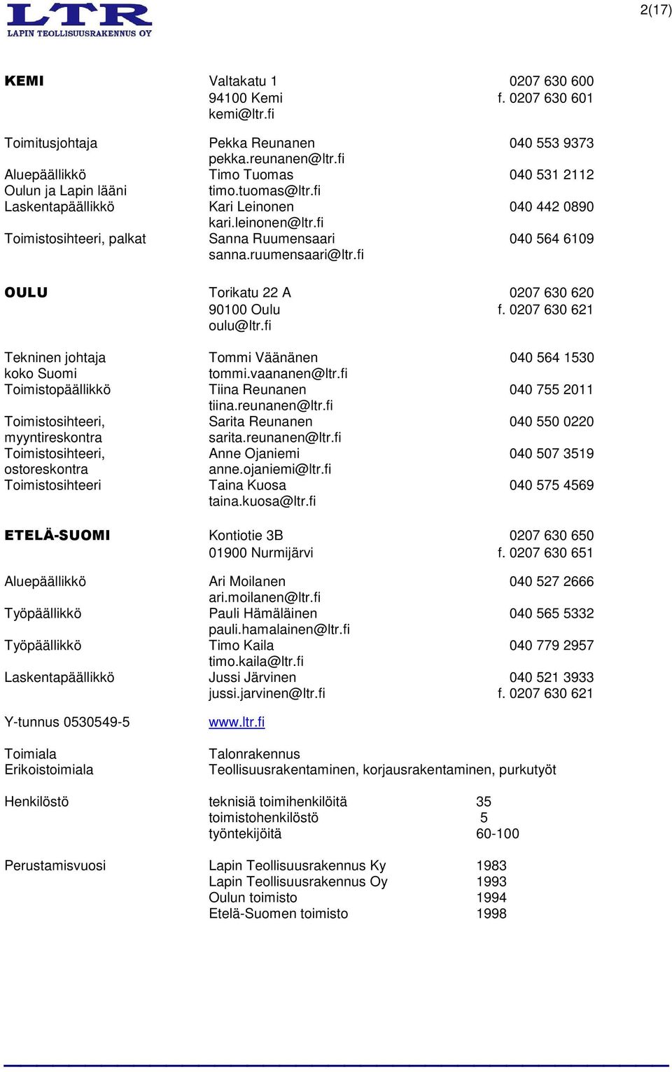 fi Toimistosihteeri, palkat Sanna Ruumensaari 040 564 6109 sanna.ruumensaari@ltr.fi OULU Torikatu 22 A 0207 630 620 90100 Oulu f. 0207 630 621 oulu@ltr.