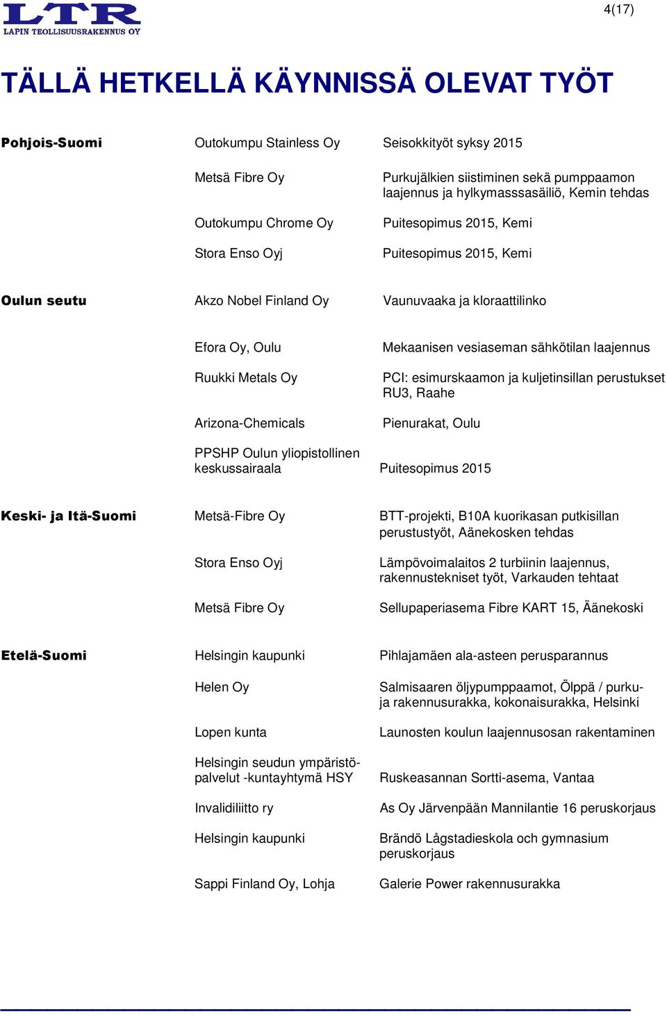 Arizona-Chemicals Mekaanisen vesiaseman sähkötilan laajennus PCI: esimurskaamon ja kuljetinsillan perustukset RU3, Raahe Pienurakat, Oulu PPSHP Oulun yliopistollinen keskussairaala Puitesopimus 2015