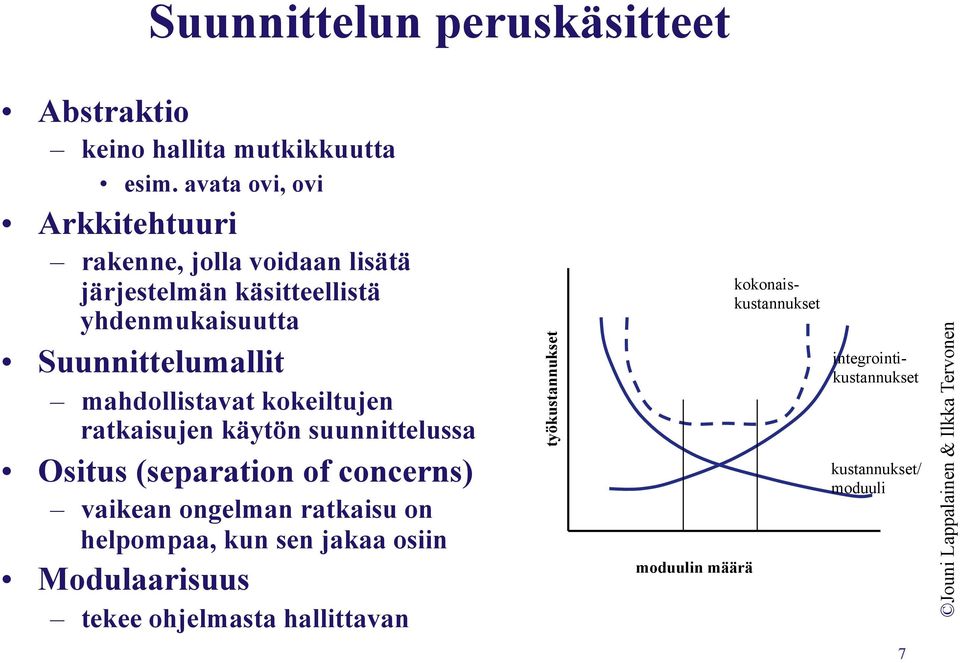 mahdollistavat kokeiltujen ratkaisujen käytön suunnittelussa Ositus (separation of concerns) vaikean ongelman ratkaisu on