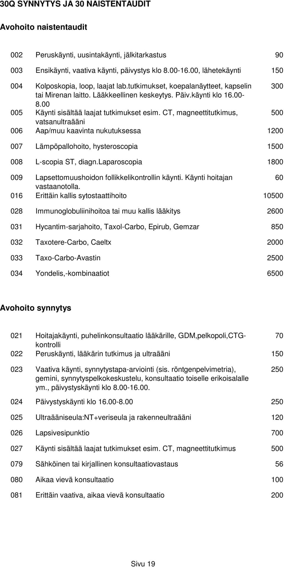 00 005 Käynti sisältää laajat tutkimukset esim. CT, magneettitutkimus, 500 vatsanultraääni 006 Aap/muu kaavinta nukutuksessa 1200 007 Lämpöpallohoito, hysteroscopia 1500 008 L-scopia ST, diagn.