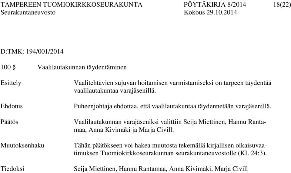 Puheenjohtaja ehdottaa, että vaalilautakuntaa täydennetään varajäsenillä.