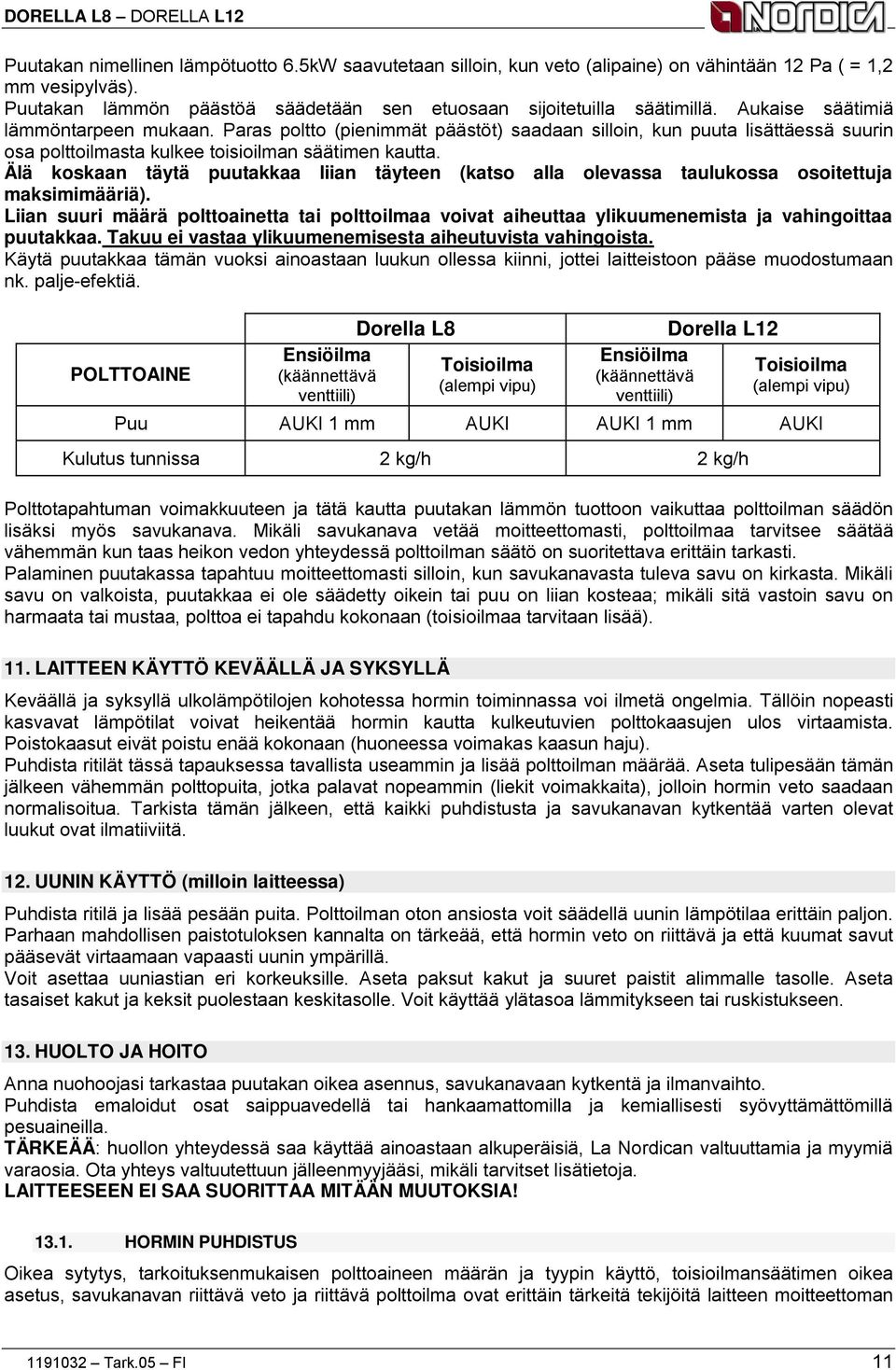 Älä koskaan täytä puutakkaa liian täyteen (katso alla olevassa taulukossa osoitettuja maksimimääriä).