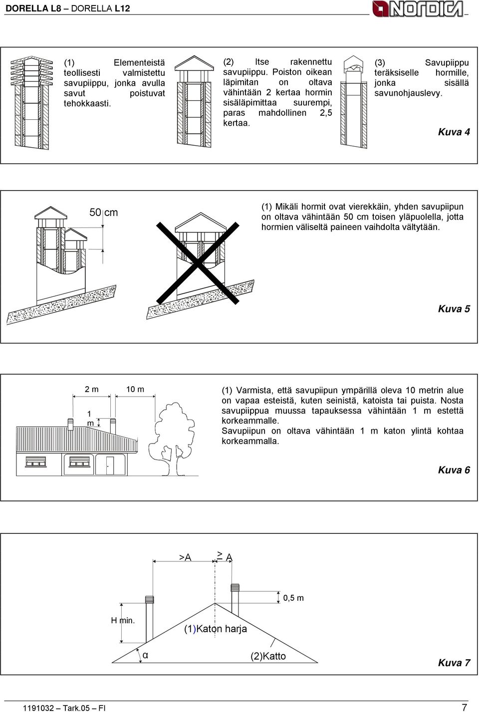 Kuva 4 50 cm (1) Mikäli hormit ovat vierekkäin, yhden savupiipun on oltava vähintään 50 cm toisen yläpuolella, jotta hormien väliseltä paineen vaihdolta vältytään.