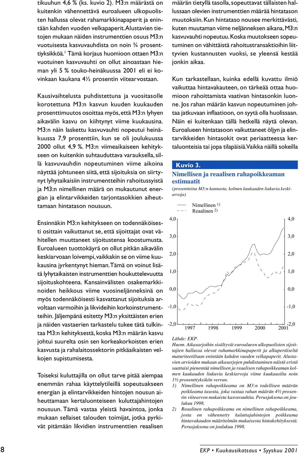 1 Tämä korjaus huomioon ottaen M3:n vuotuinen kasvuvauhti on ollut ainoastaan hieman yli 5 % -heinäkuussa 2001 eli ei kovinkaan kaukana 4½ prosentin viitearvostaan.