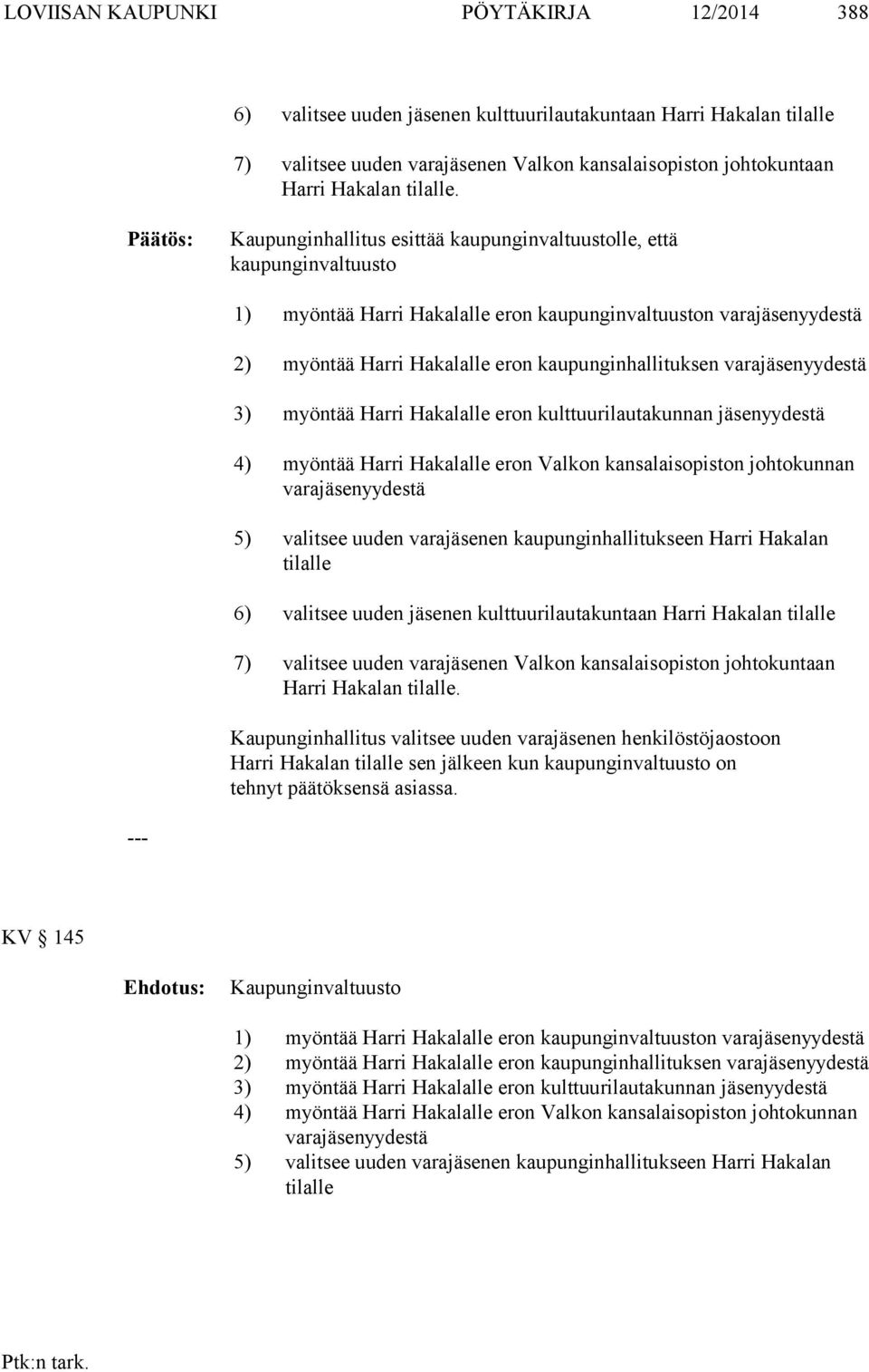 varayydestä 3) myöntää Harri Hakalalle eron kulttuurilautakunnan yydestä 4) myöntää Harri Hakalalle eron Valkon kansalaisopiston johtokunnan varayydestä 5) valitsee uuden varaen kaupunginhallitukseen