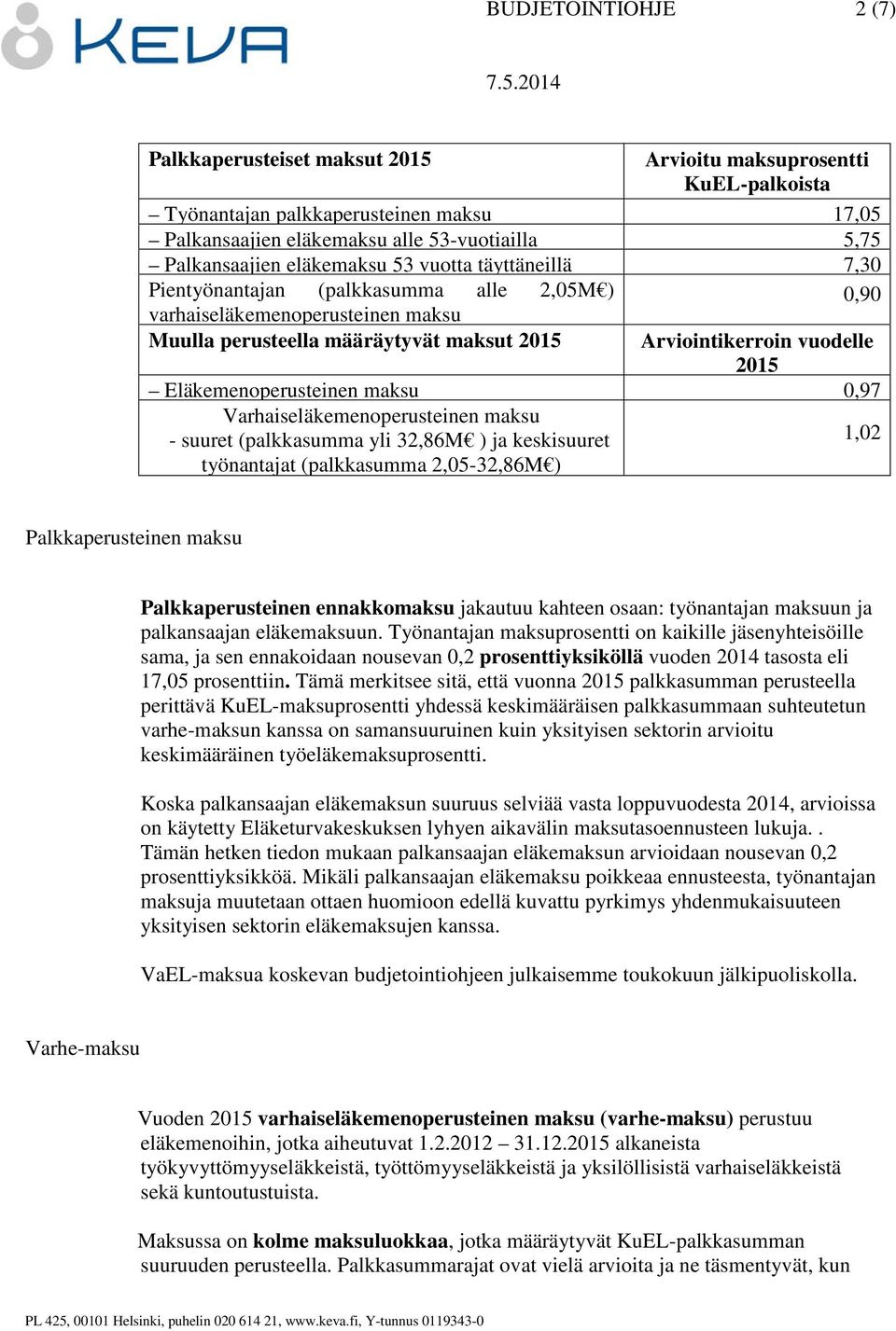 Eläkemenoperusteinen maksu 0,97 Varhaiseläkemenoperusteinen maksu - suuret (palkkasumma yli 32,86M ) ja keskisuuret 1,02 työnantajat (palkkasumma 2,05-32,86M ) Palkkaperusteinen maksu