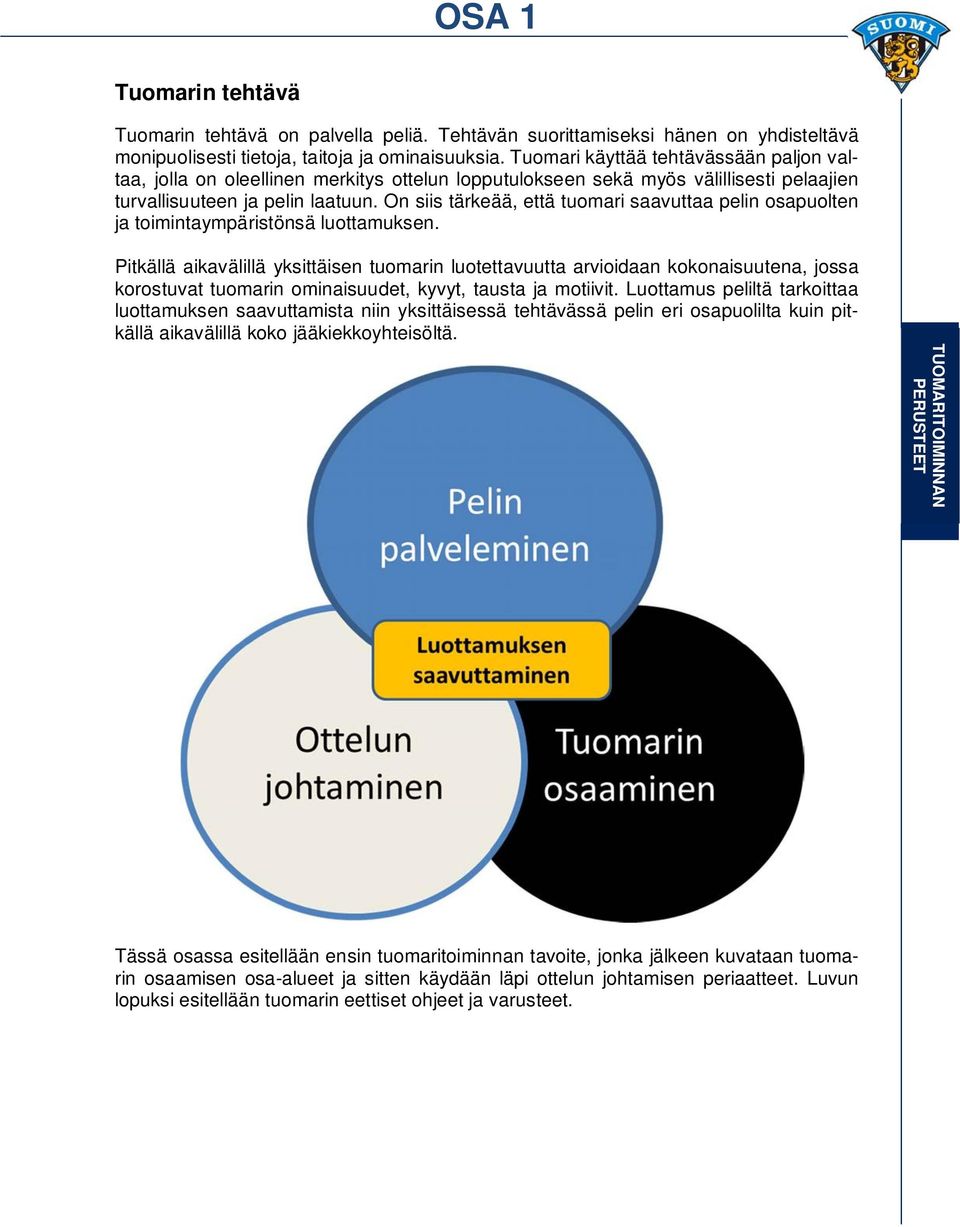 On siis tärkeää, että tuomari saavuttaa pelin osapuolten ja toimintaympäristönsä luottamuksen.