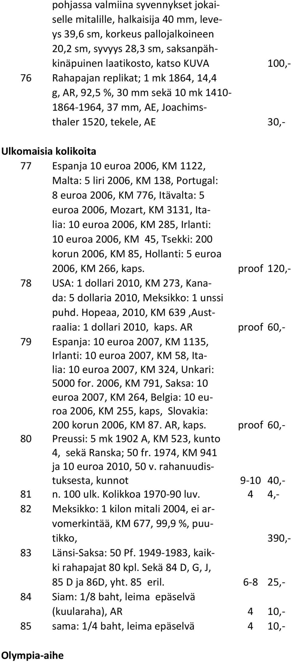 KM 138, Portugal: 8 euroa 2006, KM 776, Itävalta: 5 euroa 2006, Mozart, KM 3131, Italia: 10 euroa 2006, KM 285, Irlanti: 10 euroa 2006, KM 45, Tsekki: 200 korun 2006, KM 85, Hollanti: 5 euroa 2006,