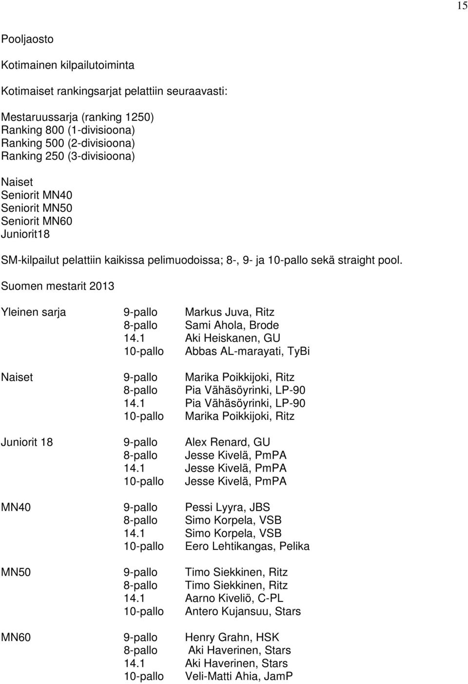 Suomen mestarit 2013 Yleinen sarja 9-pallo Markus Juva, Ritz 8-pallo Sami Ahola, Brode 14.