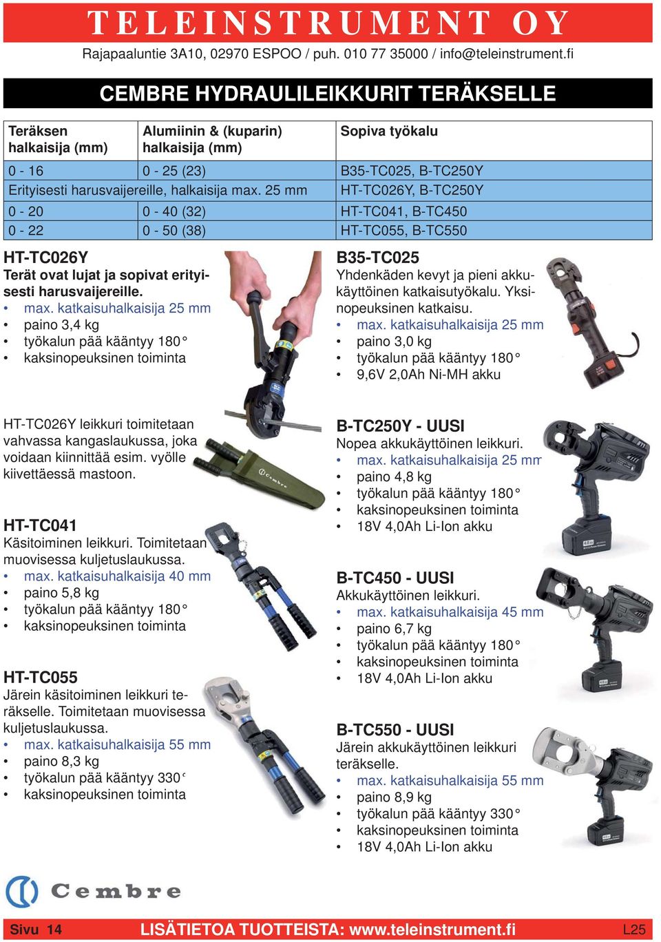 25 mm HT-TC026Y, B-TC250Y 0-20 0-40 (32) HT-TC041, B-TC450 0-22 0-50 (38) HT-TC055, B-TC550 B35-TC025 Yhdenkäden kevyt ja pieni akkukäyttöinen katkaisutyökalu. Yksinopeuksinen katkaisu. max.