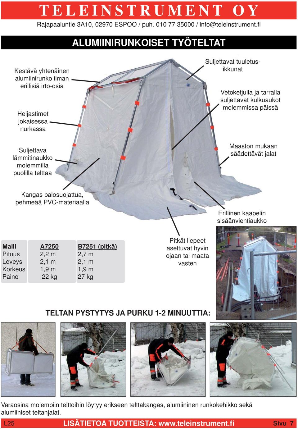 sisäänvientiaukko Malli A7250 B7251 (pitkä) Pituus 2,2 m 2,7 m Leveys 2,1 m 2,1 m Korkeus 1,9 m 1,9 m Paino 22 kg 27 kg Pitkät liepeet asettuvat hyvin ojaan tai maata vasten TELTAN