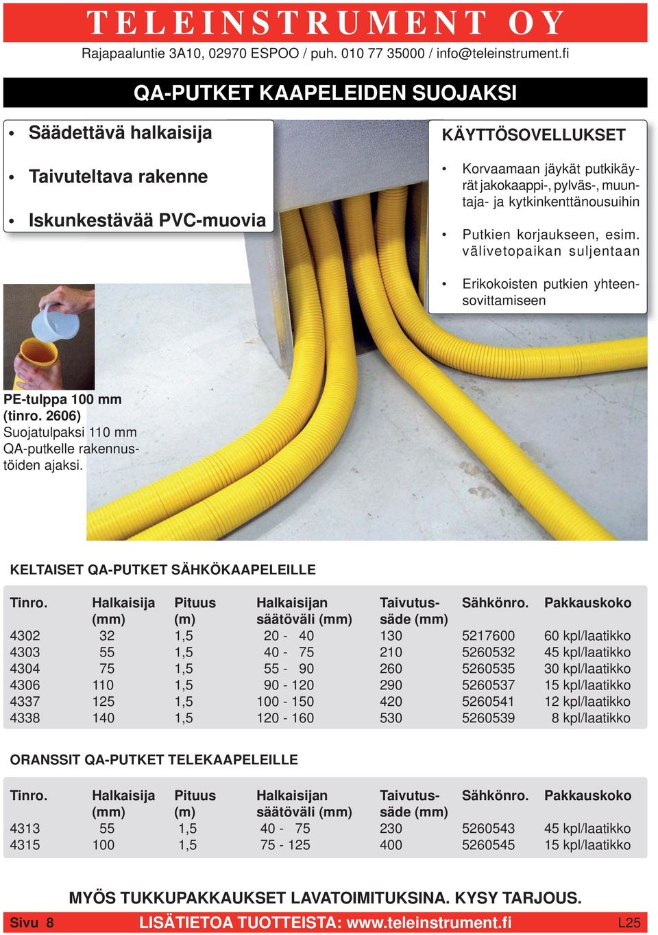 2606) Suojatulpaksi 110 mm QA-putkelle rakennustöiden ajaksi. KELTAISET QA-PUTKET SÄHKÖKAAPELEILLE Tinro. Halkaisija Pituus Halkaisijan Taivutus- Sähkönro.