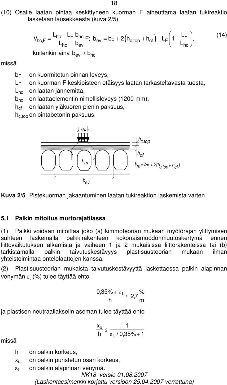 on laatan yläkuoren pienin paksuus, c,top on pintabetonin paksuus. (14) b F c,top cf b m b m = b F + ( c,top + cf ) b ev Kuva /5 Pistekuorman jakaantuminen laatan tukireaktion laskemista varten 5.