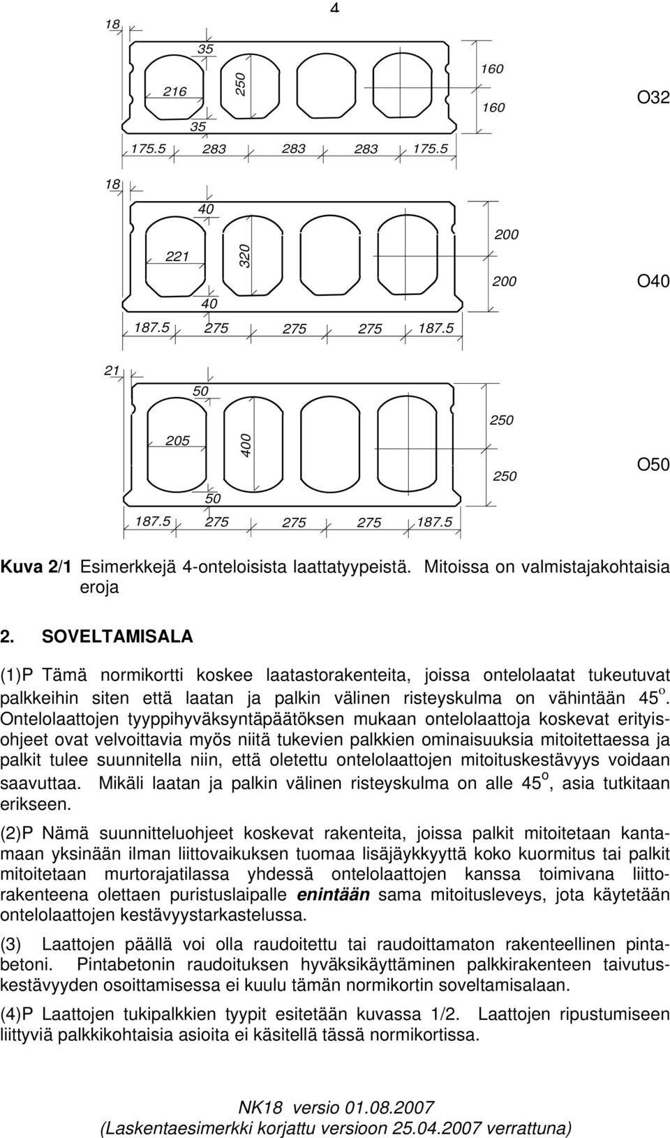 SOVELTAMISALA (1)P Tämä normikortti koskee laatastorakenteita, joissa ontelolaatat tukeutuvat palkkeiin siten että laatan ja palkin välinen risteyskulma on väintään 45 o.