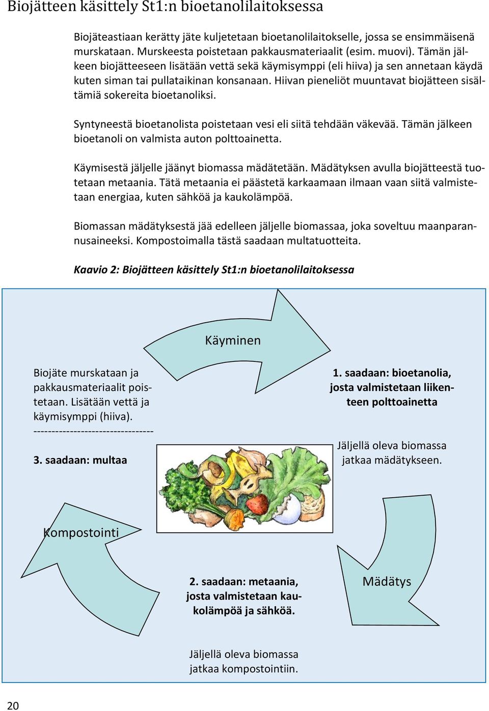 Hiivan pieneliöt muuntavat biojätteen sisältämiä sokereita bioetanoliksi. Syntyneestä bioetanolista poistetaan vesi eli siitä tehdään väkevää. Tämän jälkeen bioetanoli on valmista auton polttoainetta.