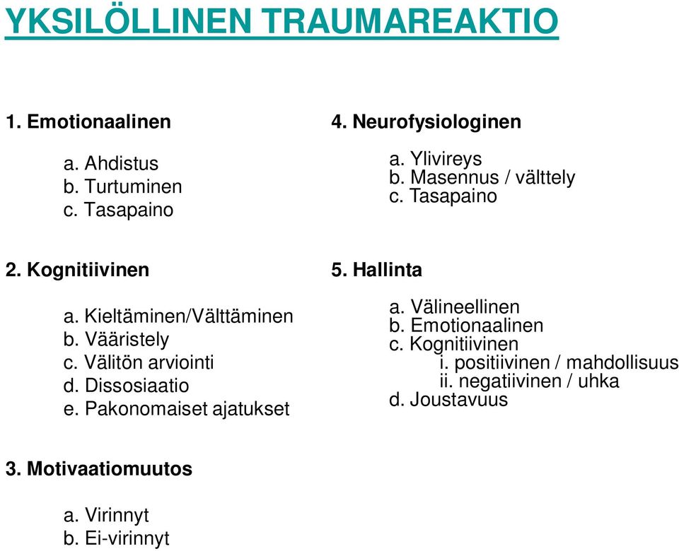 Välitön arviointi d. Dissosiaatio e. Pakonomaiset ajatukset 5. Hallinta a. Välineellinen b. Emotionaalinen c.