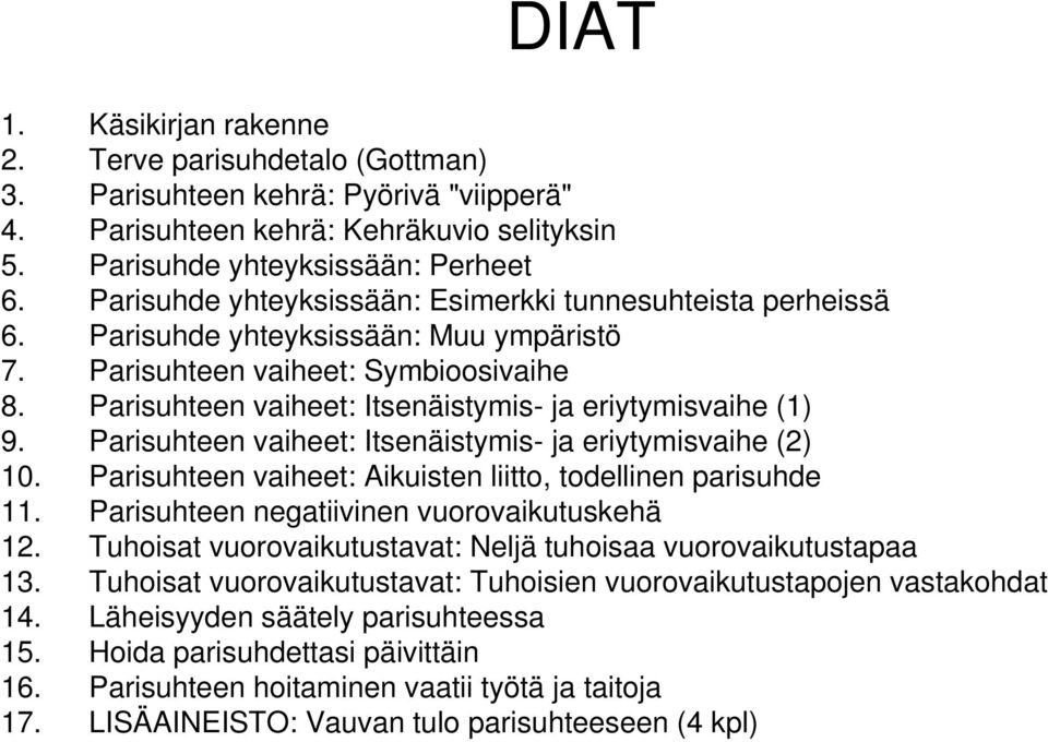 Parisuhteen vaiheet: Itsenäistymis- ja eriytymisvaihe y (1) 9. Parisuhteen vaiheet: Itsenäistymis- ja eriytymisvaihe (2) 10. Parisuhteen vaiheet: Aikuisten liitto, todellinen parisuhde 11.