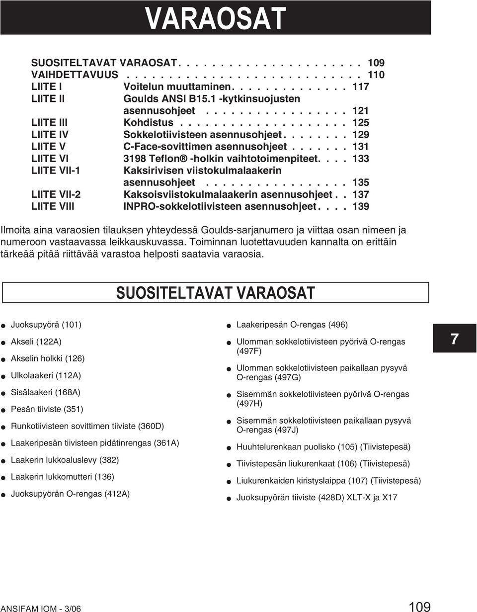 ...... 131 LIITE VI 3198 Teflon -holkin vaihtotoimenpiteet.... 133 LIITE VII-1 Kaksirivisen viistokulmalaakerin asennusohjeet................. 135 LIITE VII-2 Kaksoisviistokulmalaakerin asennusohjeet.