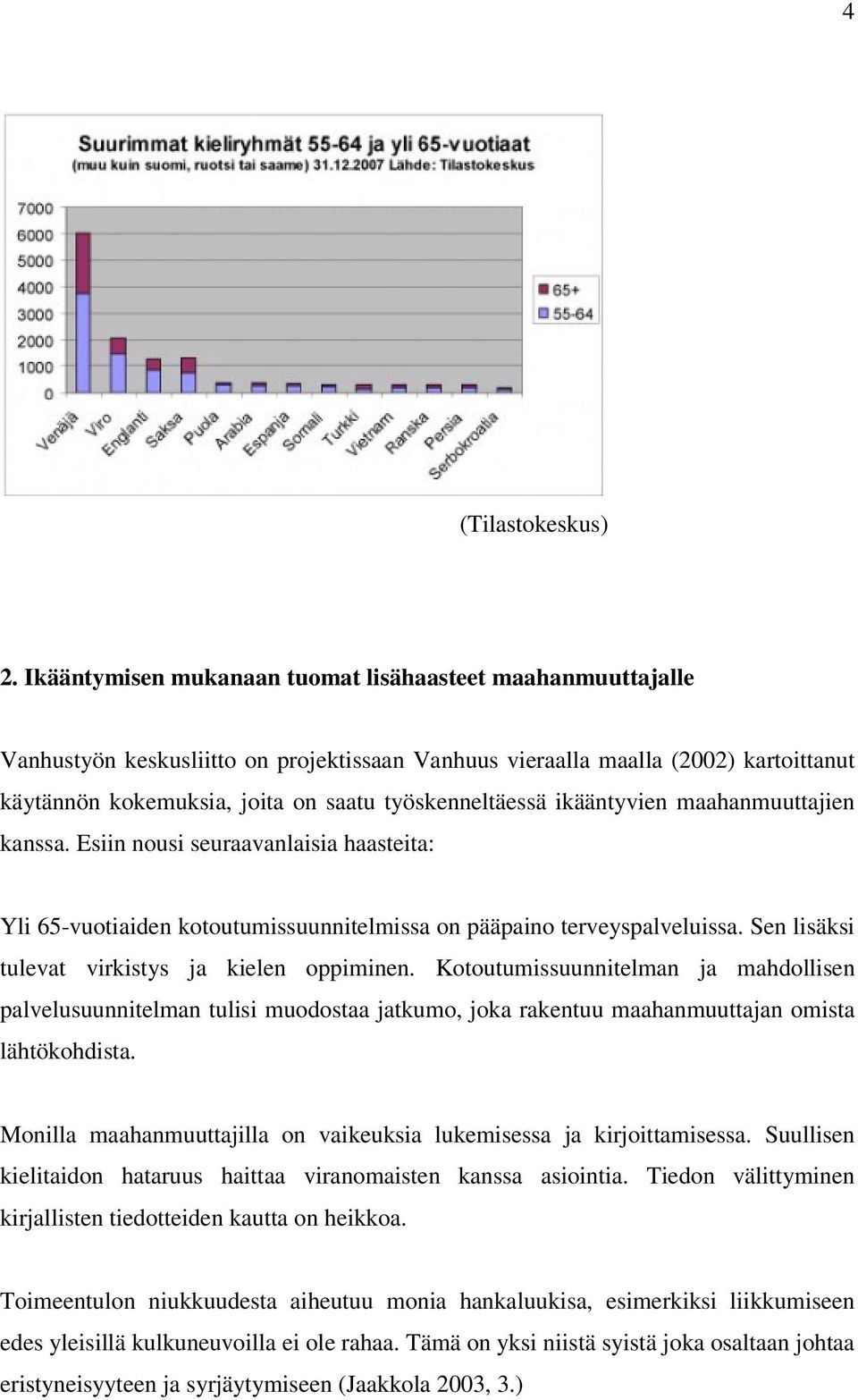 ikääntyvien maahanmuuttajien kanssa. Esiin nousi seuraavanlaisia haasteita: Yli 65-vuotiaiden kotoutumissuunnitelmissa on pääpaino terveyspalveluissa.