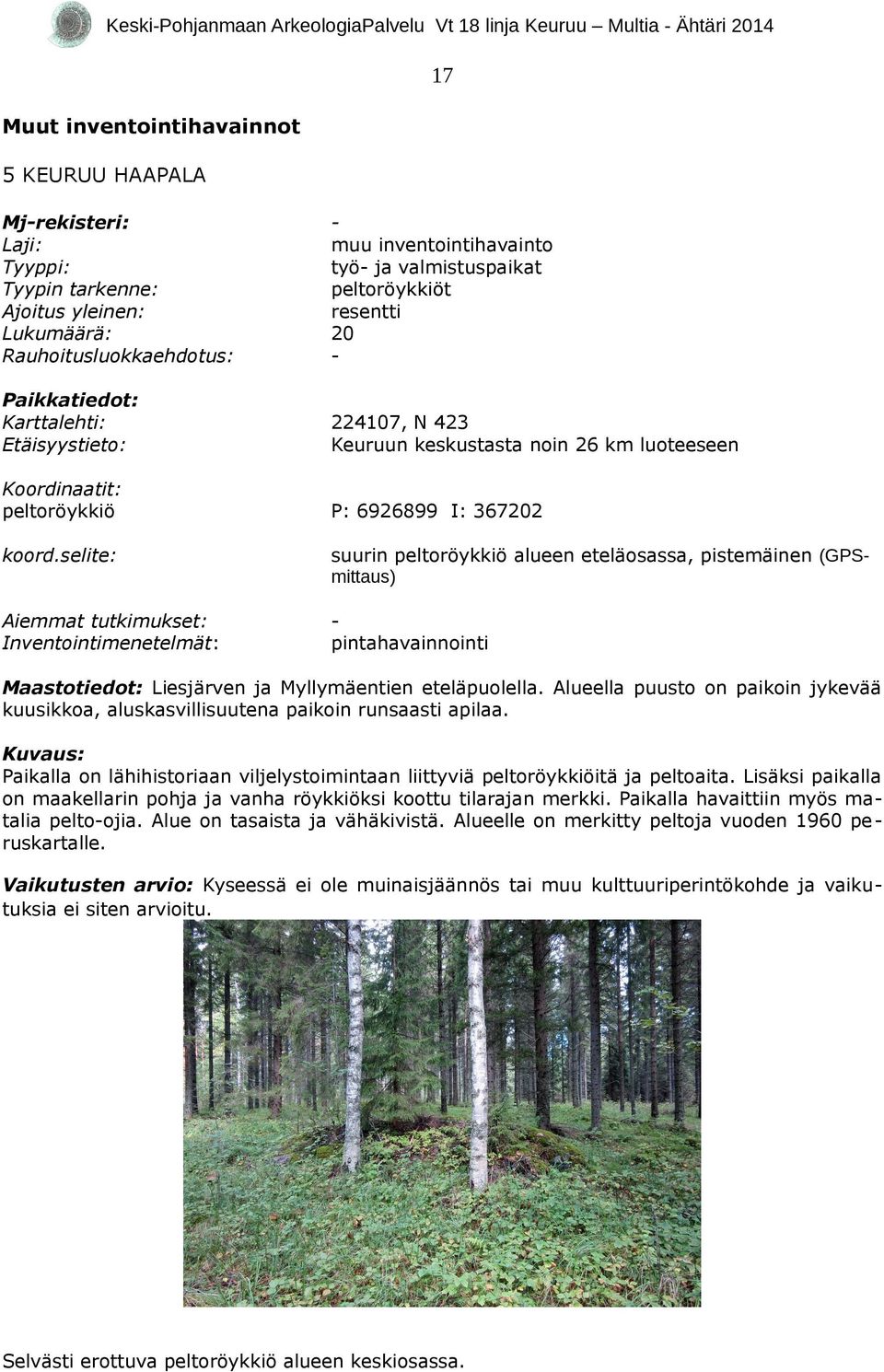 selite: suurin peltoröykkiö alueen eteläosassa, pistemäinen (GPSmittaus) Aiemmat tutkimukset: Inventointimenetelmät: pintahavainnointi Maastotiedot: Liesjärven ja Myllymäentien eteläpuolella.