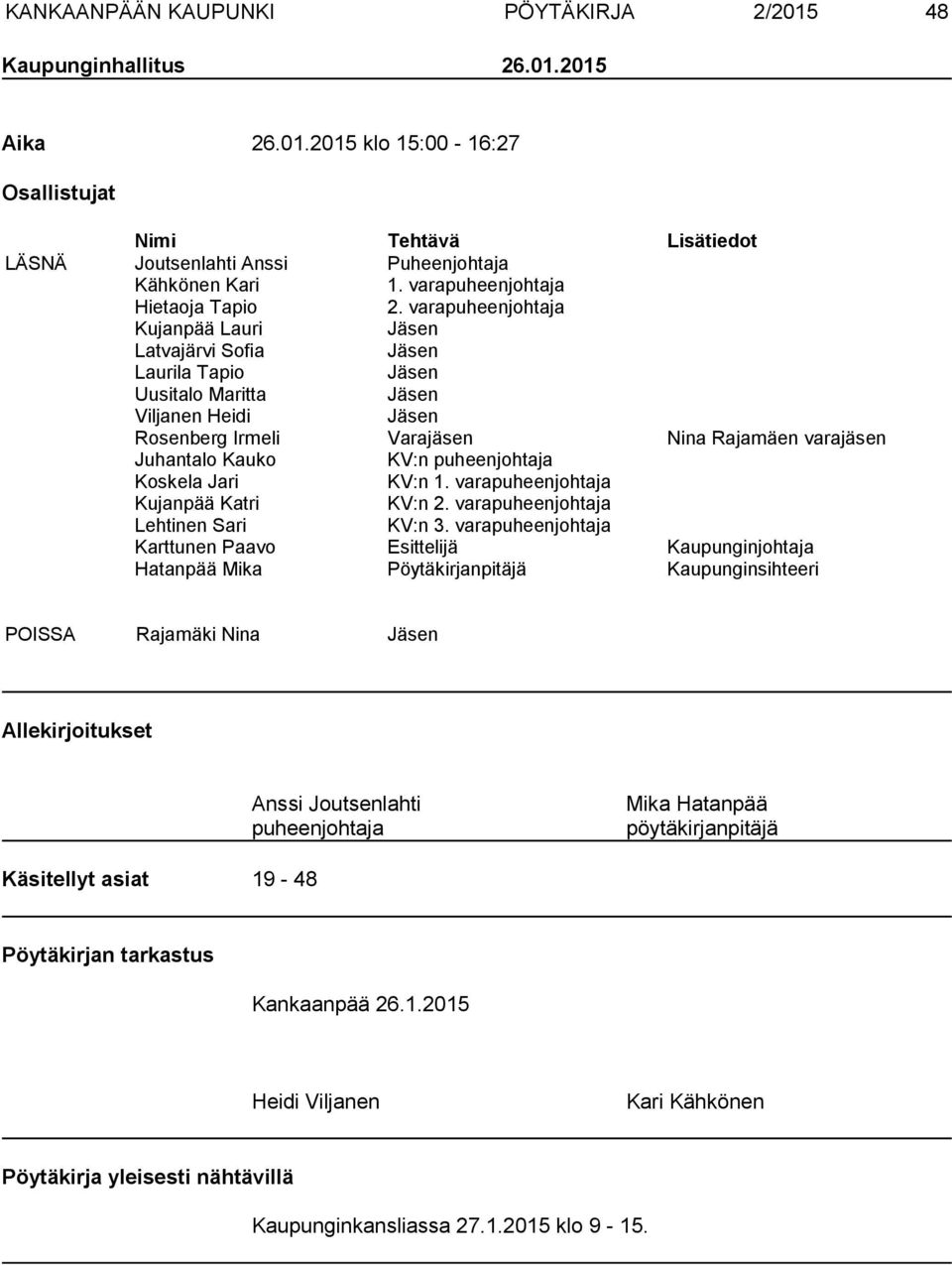 varapuheenjohtaja Kujanpää Lauri Jäsen Latvajärvi Sofia Jäsen Laurila Tapio Jäsen Uusitalo Maritta Jäsen Viljanen Heidi Jäsen Rosenberg Irmeli Varajäsen Nina Rajamäen varajäsen Juhantalo Kauko KV:n