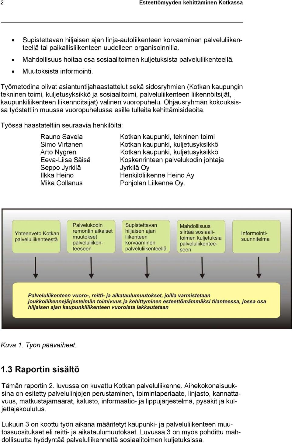 Työmetodina olivat asiantuntijahaastattelut sekä sidosryhmien (Kotkan kaupungin tekninen toimi, kuljetusyksikkö ja sosiaalitoimi, palveluliikenteen liikennöitsijät, kaupunkiliikenteen