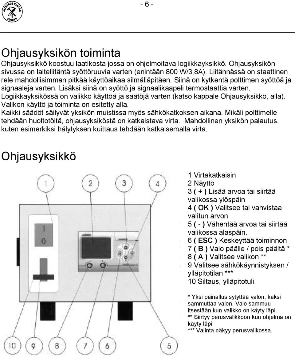 Lisäksi siinä on syöttö ja signaalikaapeli termostaattia varten. Logiikkayksikössä on valikko käyttöä ja säätöjä varten (katso kappale Ohjausyksikkö, alla).