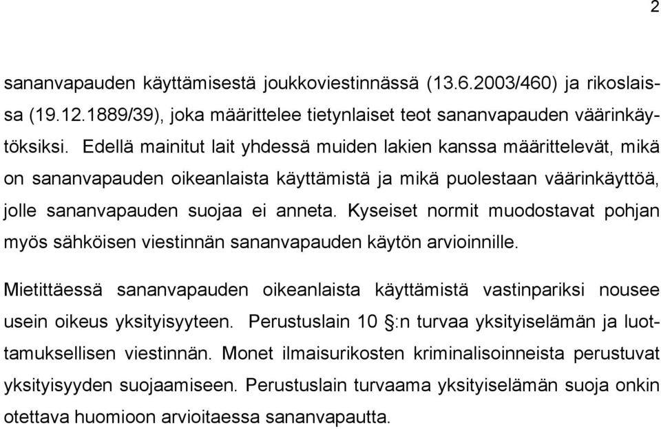 Kyseiset normit muodostavat pohjan myös sähköisen viestinnän sananvapauden käytön arvioinnille. Mietittäessä sananvapauden oikeanlaista käyttämistä vastinpariksi nousee usein oikeus yksityisyyteen.