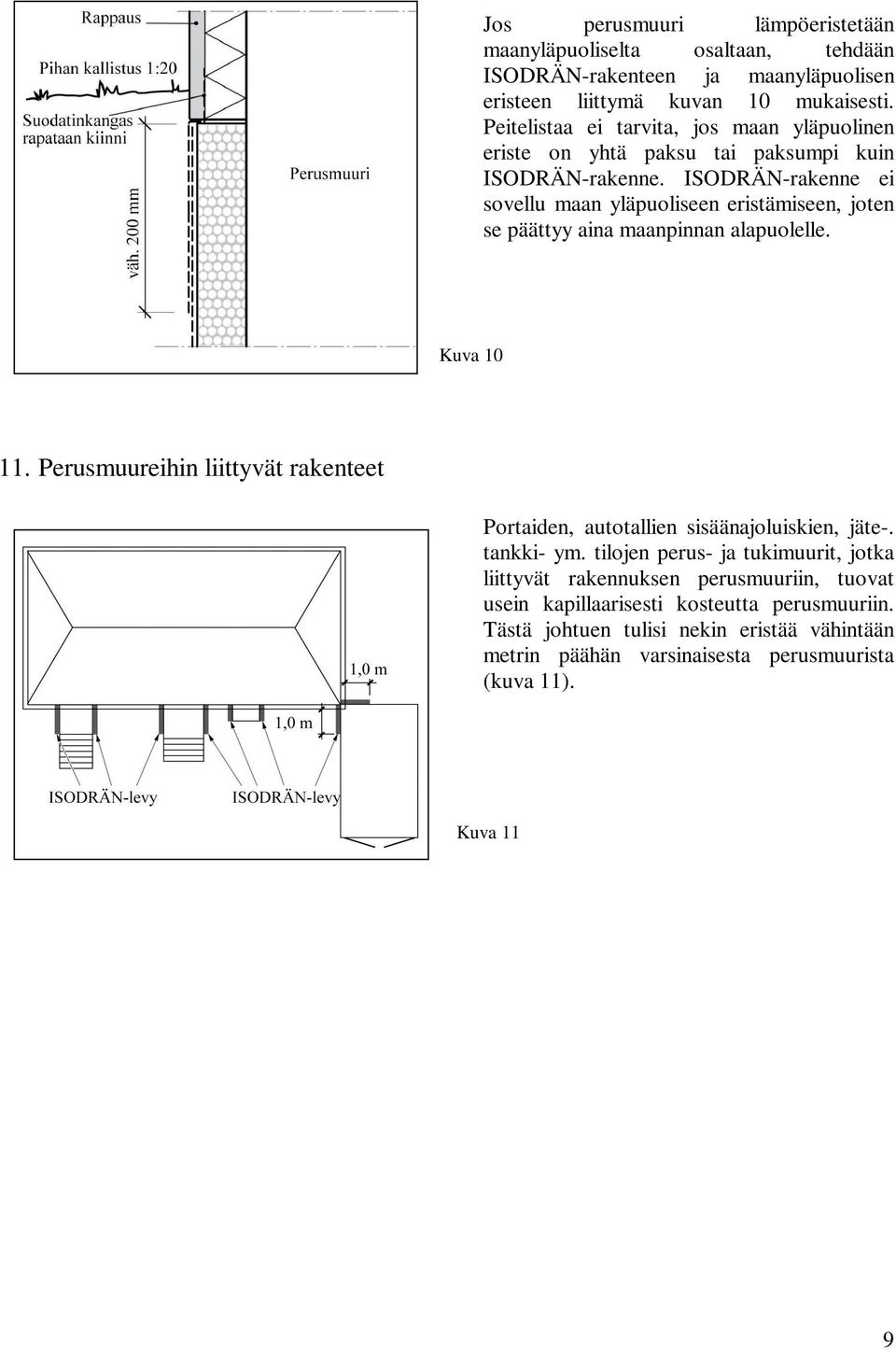 ISODRÄN-rakenne ei sovellu maan yläpuoliseen eristämiseen, joten se päättyy aina maanpinnan alapuolelle. Kuva 10 11.