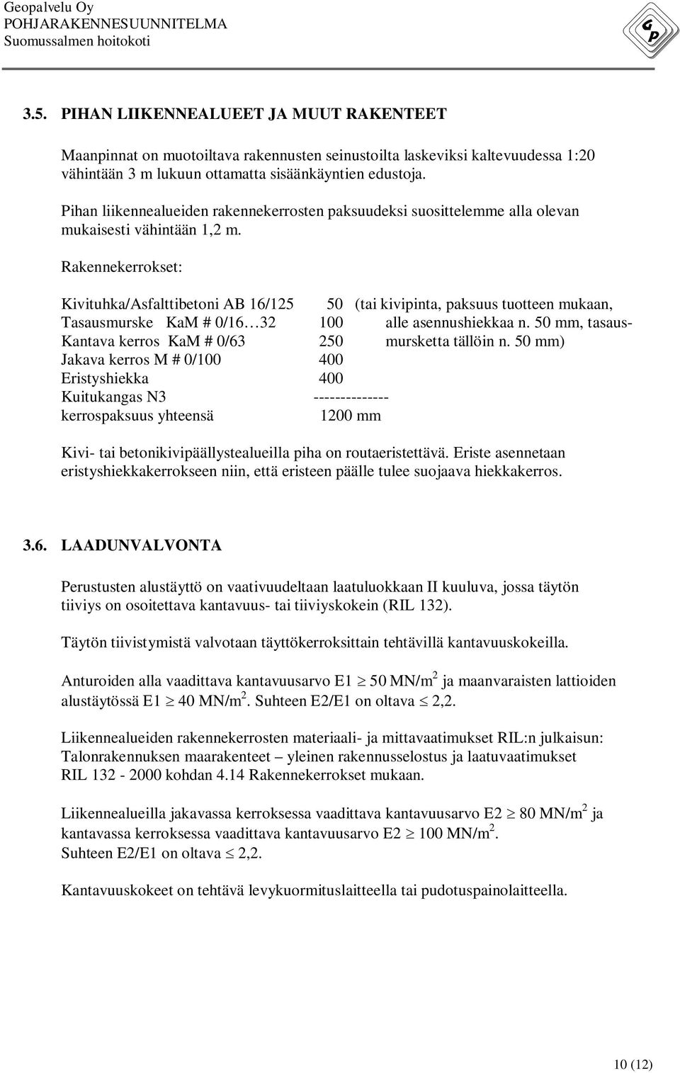 Rakennekerrokset: Kivituhka/Asfalttibetoni AB 16/125 50 (tai kivipinta, paksuus tuotteen mukaan, Tasausmurske KaM # 0/16 32 100 alle asennushiekkaa n.