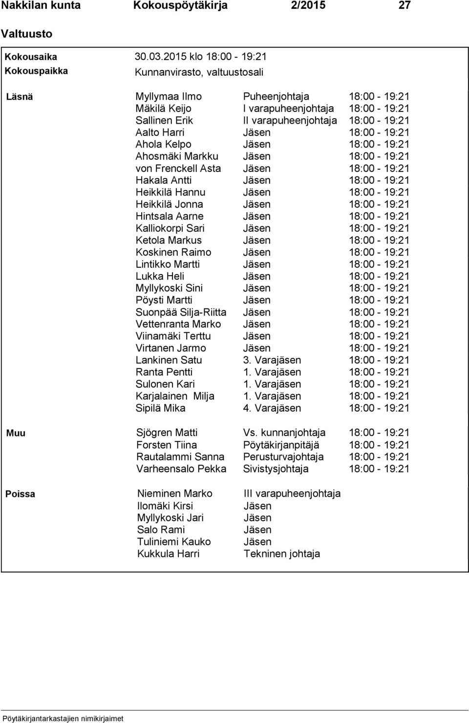 18:00-19:21 Aalto Harri Jäsen 18:00-19:21 Ahola Kelpo Jäsen 18:00-19:21 Ahosmäki Markku Jäsen 18:00-19:21 von Frenckell Asta Jäsen 18:00-19:21 Hakala Antti Jäsen 18:00-19:21 Heikkilä Hannu Jäsen