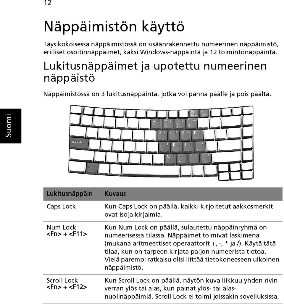 Lukitusnäppäin Caps Lock Num Lock <Fn> + <F11> Scroll Lock <Fn> + <F12> Kuvaus Kun Caps Lock on päällä, kaikki kirjoitetut aakkosmerkit ovat isoja kirjaimia.