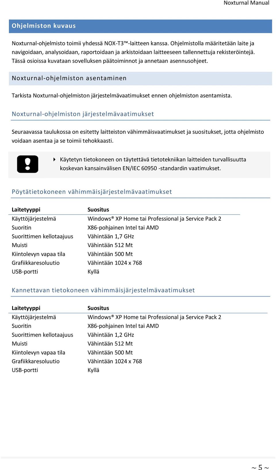 Tässä osioissa kuvataan sovelluksen päätoiminnot ja annetaan asennusohjeet. Noxturnal-ohjelmiston asentaminen Tarkista Noxturnal-ohjelmiston järjestelmävaatimukset ennen ohjelmiston asentamista.