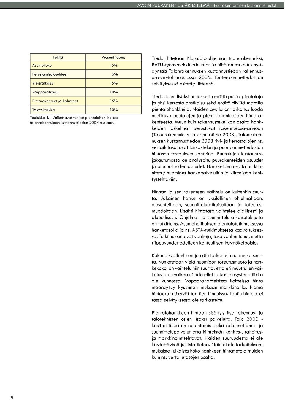 biz-ohjelman tuoterakenteiksi, RATU-työmenekkitiedostoon ja niitä on tarkoitus hyödyntää Talonrakennuksen kustannustiedon rakennusosa-arviohinnastossa 2005.