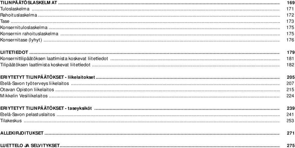 .. 182 ERIYTETYT TILINPÄÄTÖKSET - liikelaitokset... 205 Etelä-Savon työterveys liikelaitos... 207 Otavan Opiston liikelaitos.