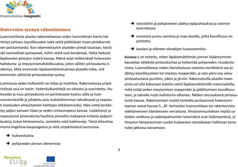 Nämä asiat heikentävät hulevesien haihdunta- ja imeytymismahdollisuuksia, joten välitön pintavalunta lisääntyy.