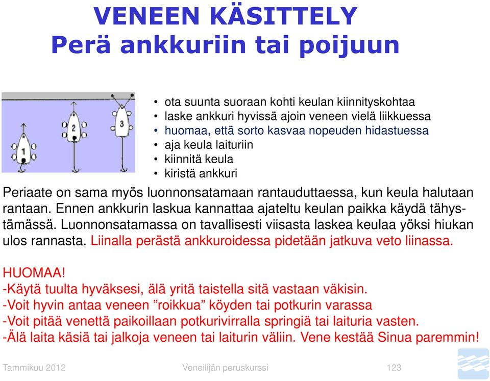 Ennen ankkurin laskua kannattaa ajateltu keulan paikka käydä tähystämässä. Luonnonsatamassa on tavallisesti viisasta laskea keulaa yöksi hiukan ulos rannasta.