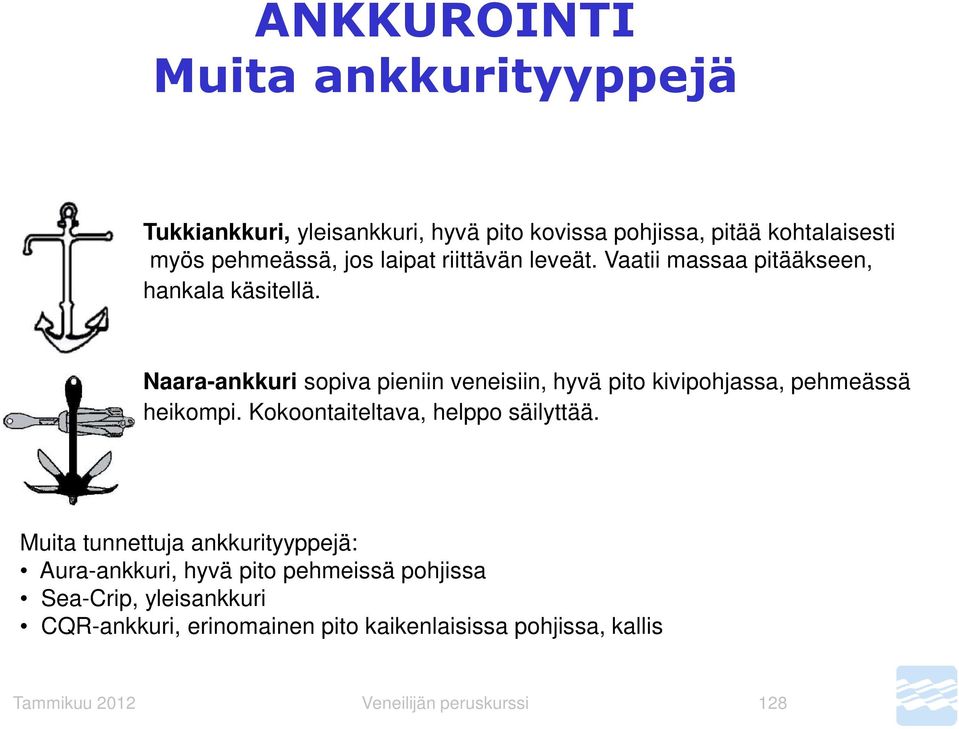 Naara-ankkuri sopiva pieniin veneisiin, hyvä pito kivipohjassa, pehmeässä heikompi. Kokoontaiteltava, helppo säilyttää.