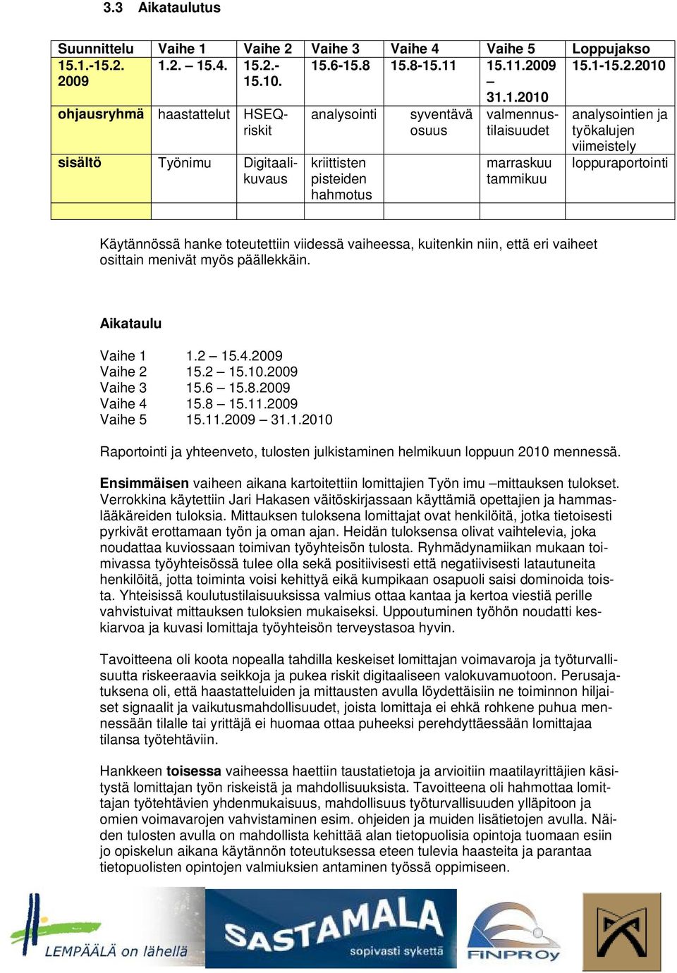 .10. ohjausryhmä haastattelut HSEQriskit sisältö Työnimu Digitaalikuvaus analysointi kriittisten pisteiden hahmotus syventävä osuus 31.1.2010 valmennustilaisuudet marraskuu tammikuu analysointien ja