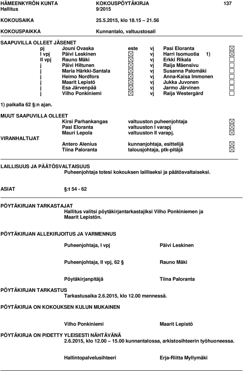 vj Raija Mäensivu j Maria Härkki-Santala vj Susanna Palomäki j Heimo Nordfors vj Anna-Kaisa Immonen j Maarit Lepistö vj Jukka Juvonen j Esa Järvenpää vj Jarmo Järvinen j Vilho Ponkiniemi vj Raija