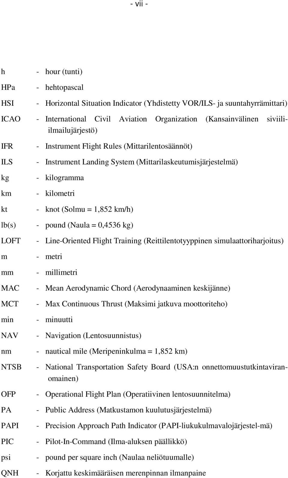 km/h) lb(s) - pound (Naula = 0,4536 kg) LOFT - Line-Oriented Flight Training (Reittilentotyyppinen simulaattoriharjoitus) m - metri mm - millimetri MAC - Mean Aerodynamic Chord (Aerodynaaminen