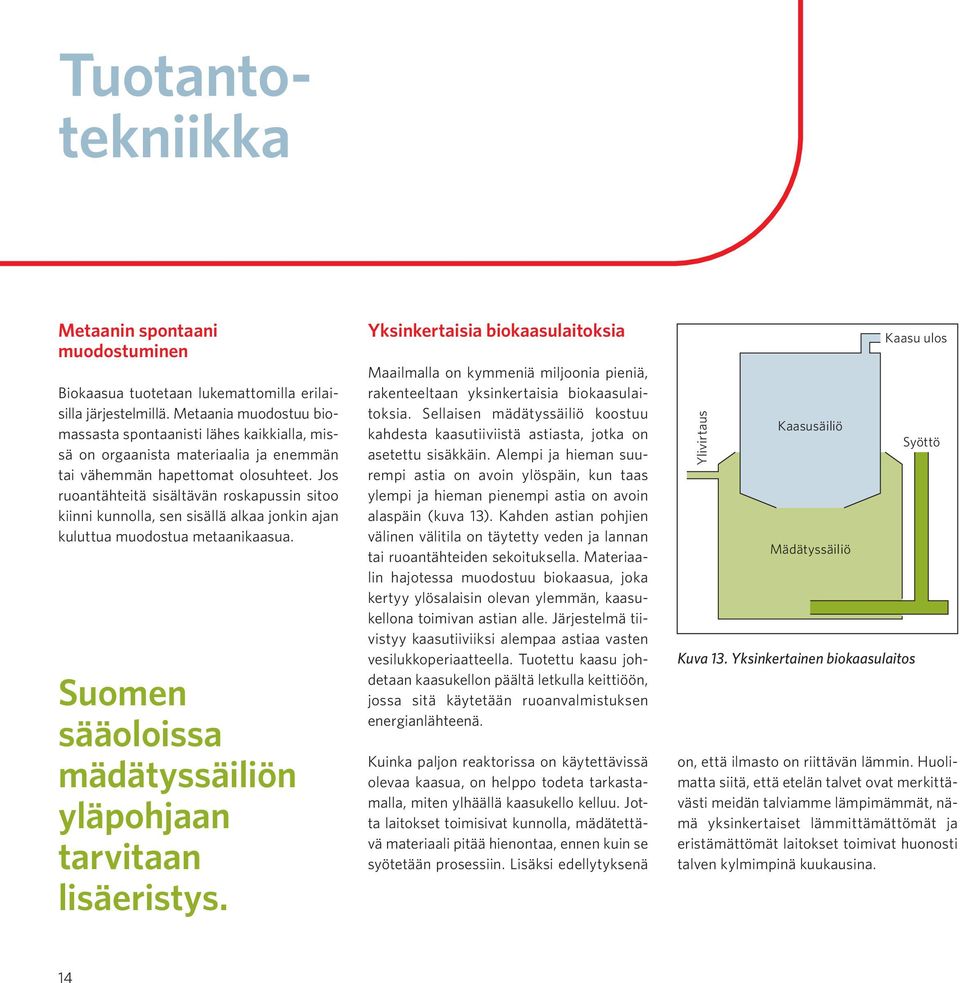 Jos ruoantähteitä sisältävän roskapussin sitoo kiinni kunnolla, sen sisällä alkaa jonkin ajan kuluttua muodostua metaanikaasua. Suomen sääoloissa mädätyssäiliön yläpohjaan tarvitaan lisäeristys.