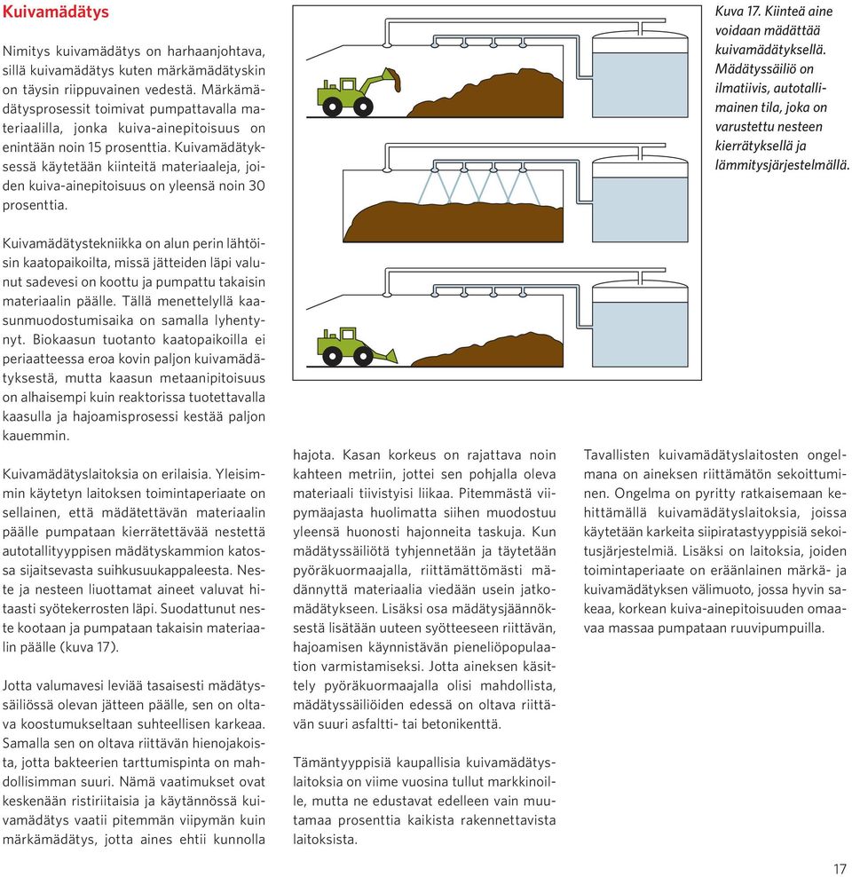 Kuivamädätyksessä käytetään kiinteitä materiaaleja, joiden kuiva-ainepitoisuus on yleensä noin 30 prosenttia.