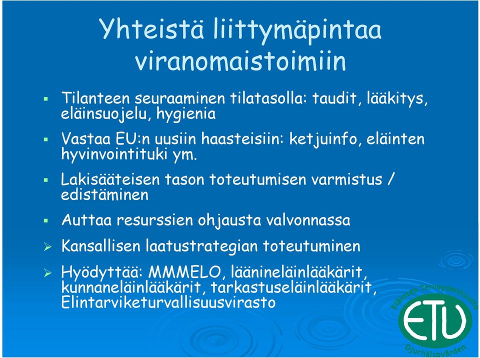 Lakisääteisen tason toteutumisen varmistus / edistäminen Auttaa resurssien ohjausta valvonnassa Kansallisen