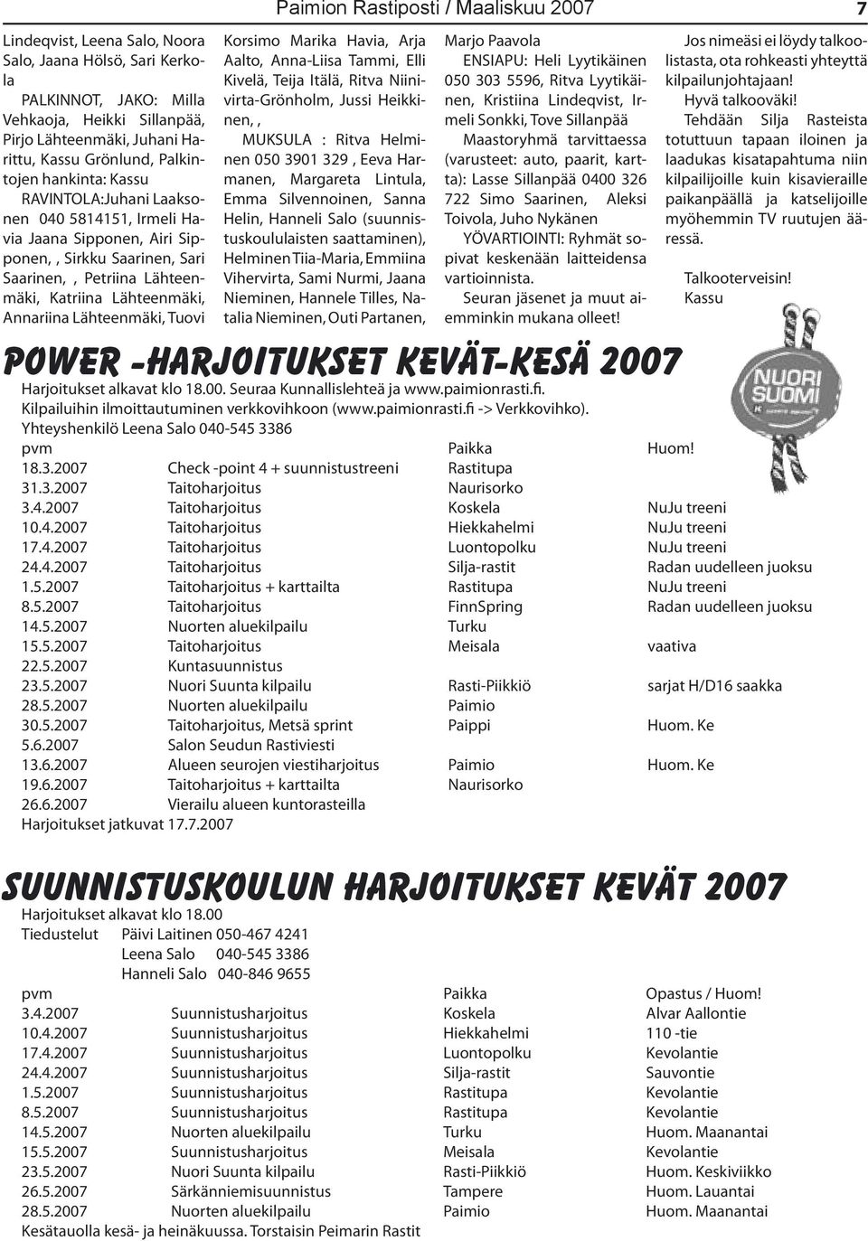 Rastiposti / Maaliskuu 2007 7 Korsimo Marika Havia, Arja Aalto, Anna-Liisa Tammi, Elli Kivelä, Teija Itälä, Ritva Niinivirta-Grönholm, Jussi Heikkinen,, MUKSULA : Ritva Helminen 050 3901 329, Eeva