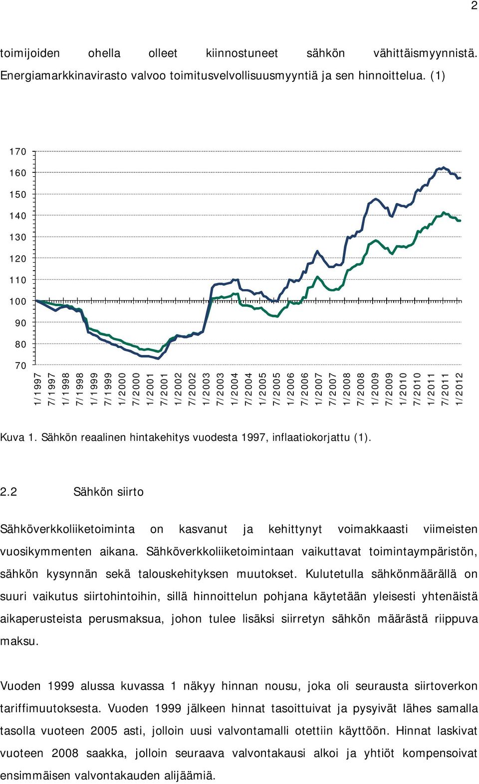 1/2008 7/2008 1/2009 7/2009 1/2010 7/2010 1/2011 7/2011 1/2012 Kuva 1. Sähkön reaalinen hintakehitys vuodesta 1997, inflaatiokorjattu (1). 2.